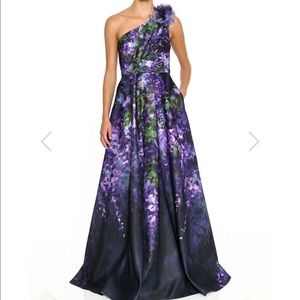Marchesa One-Shoulder Print Duchess Satin Ball Gown